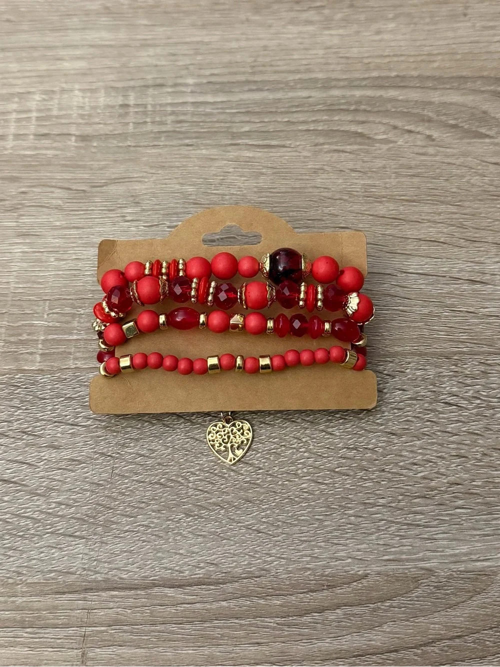 Red & Gold Beaded Bracelet Stack with Tree of Life Heart Charm NWT